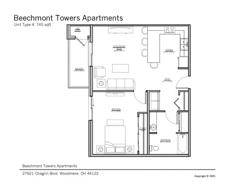 Floor plan for 1 bed, 1 bath, 745 sqft